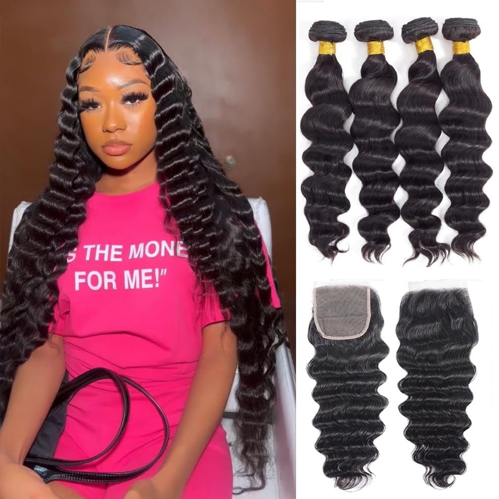 Deep Wave 3 Bundles With Closure - 30 Inch Loose Wave Bundles Human
