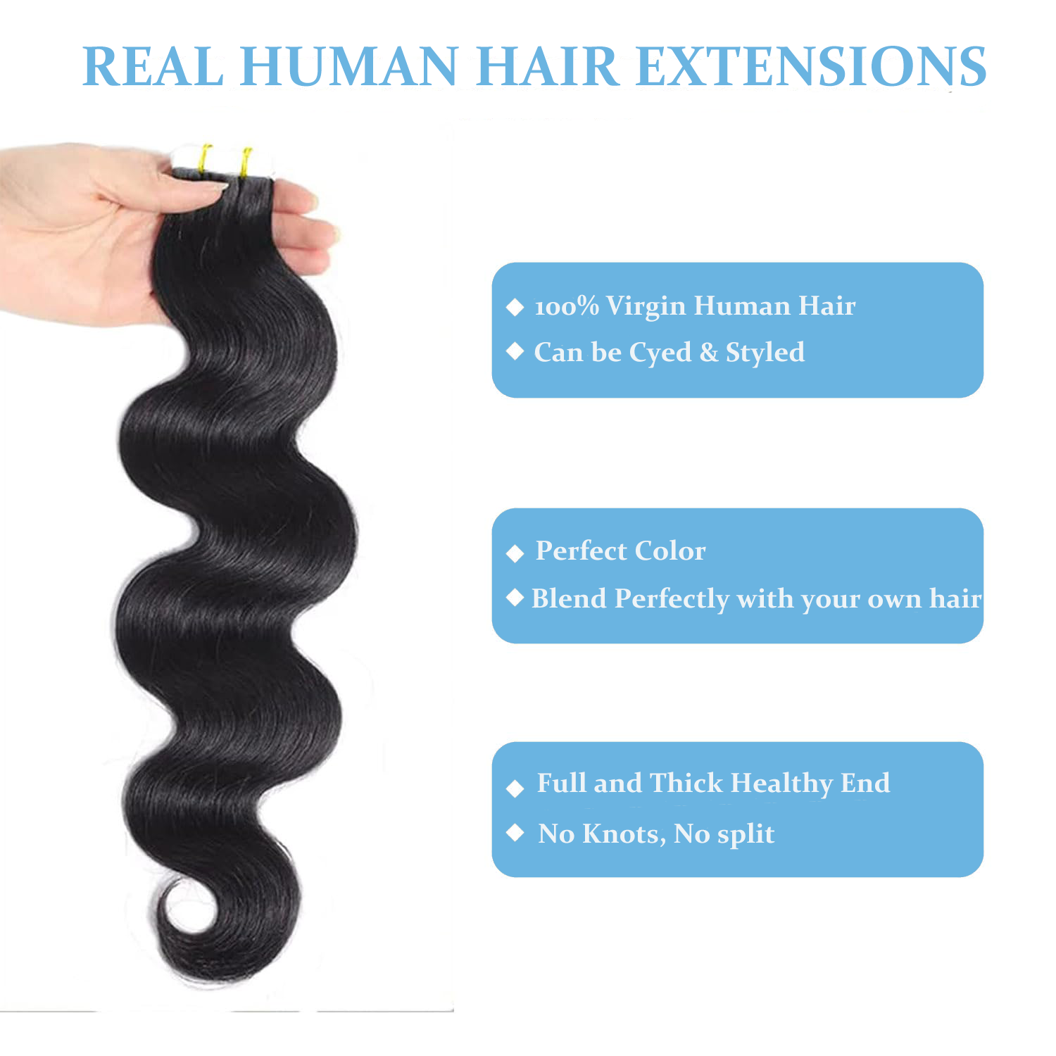 Long Body Wave Tape in Human H - Invisible Tape In Extensions Real Hair recension och pris